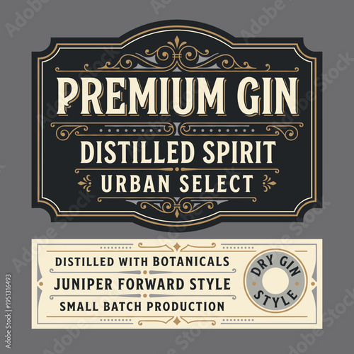 Premium gin label design showing distilled spirit with information about urban select and small batch production