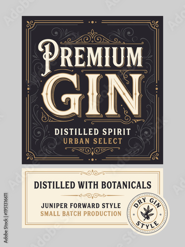Premium gin label design showcasing urban select spirit distilled with botanicals and juniper forward style for small batch production