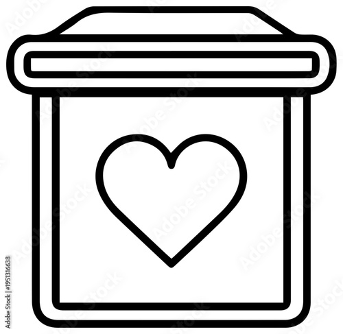 Simple line art icon of a donation box with a heart symbol representing charitable giving altruism and support for causes isolated on a white background symbolizing generosity