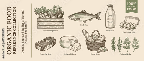 Reference collection of organic food with fruits, vegetables, fish, and dairy from natural sources
