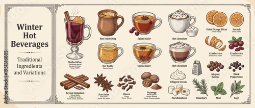 Collection of winter hot beverages with traditional ingredients and variations for cold weather enjoyment