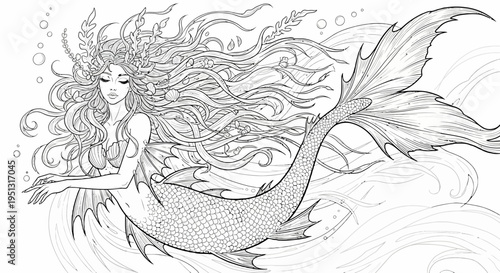 Elegant mermaid illustration with flowing hair and tail underwater