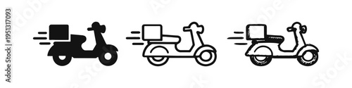 Delivery scooter icon set. Fast food and package delivery service concept in various styles.