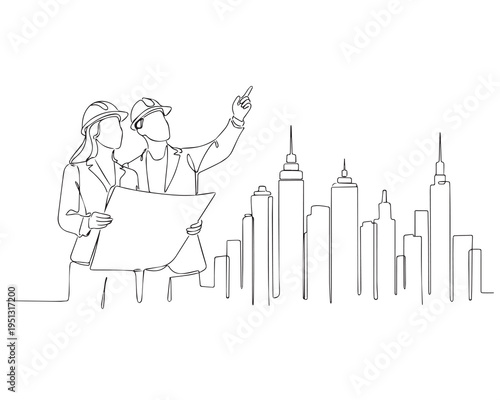 Line drawing of a female engineer, architect, and real estate. Female engineer and architect in line drawing. Editable outline. Vector illustration.