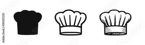Chef hat icon set. Cooking and culinary professional symbol in various styles.