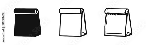 Paper bag icon set. Takeaway food or grocery packaging symbol in various styles.