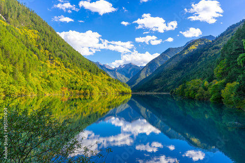 Beautiful Rhino Lake in autumn season in Jiuzhaigou Valley National Park, China.