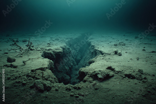 Deep ocean floor showing underwater crack in abyss