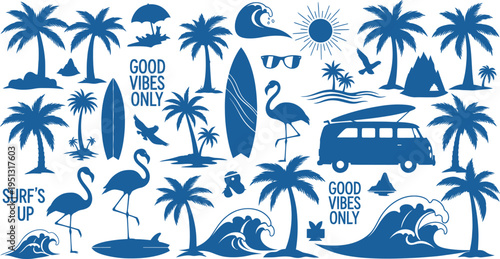 A vibrant beach scene with tropical elements and surf culture illustrations in blue on a white background with fun phrases