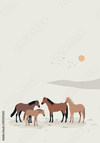 Pixel Art Horses Herd on Light Background Minimalist Illustration