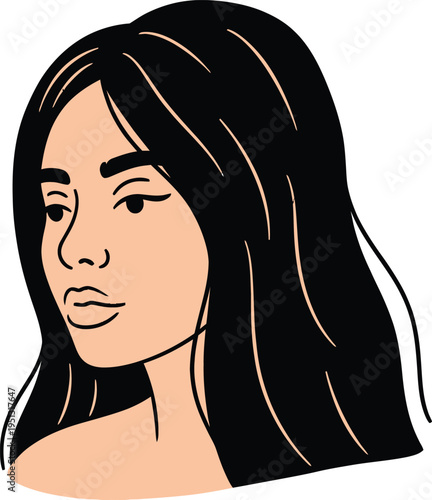 A cartoon illustration of a woman with long dark hair and a neutral expression