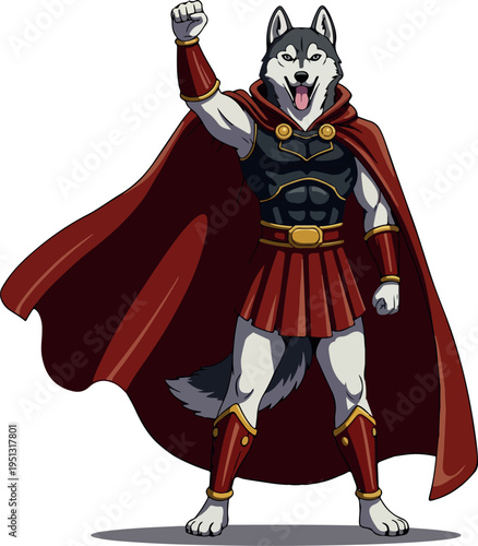 Pixel Art Husky Warrior Hero Red Cape Gold Armor Isolated