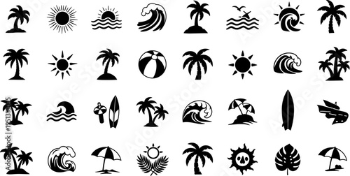 A collection of black and white tropical icons featuring palm trees sun waves and beach symbols