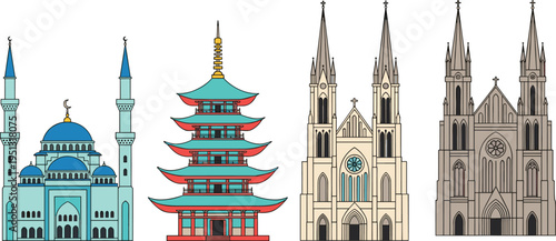 Religious architecture vector illustration with mosque pagoda cathedral, cultural diversity design, Islamic Buddhist Christian buildings, gothic spires, domes, heritage art