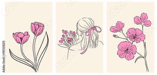 Hand drawn spring cards with flowers. Crayon floral template with wildflowers, tulips for Womens Day, birthday, Mothers Day, Easter decoration and greetings. Vector poster with chalk texture 

