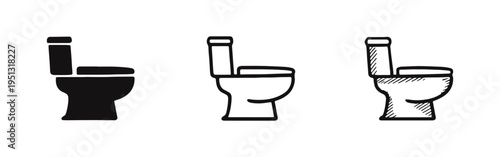 Toilet bowl icon set in solid, outline, and hand-drawn styles