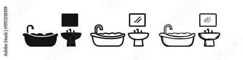 Collection of bathroom furniture icons: tub, basin, and wall mirror