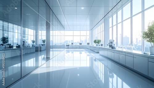 Bright modern office interior with large windows and city view