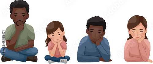 Pixel Art People Pondering Diverse Poses Isolated On White Background