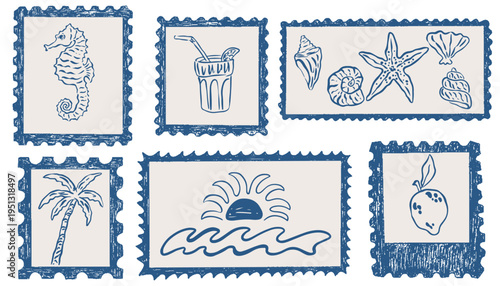 Hand drawn Italian holiday post stamps set. Vintage sicilia amalfi sticker. Vector retro frame border, mediterranean coastal vacation doodles for summer emblem, placard or poster.