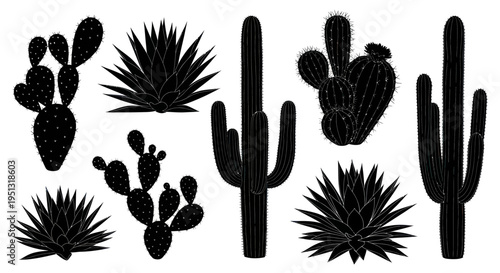 Desert Cactus Plants Silhouette Collection - Agave and Prickly Pear Vector Art