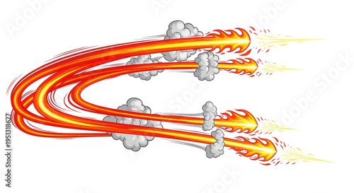 Fiery Missile Barrage, Explosive Trails, Red Orange Fire Streaks, White Smoke Puffs