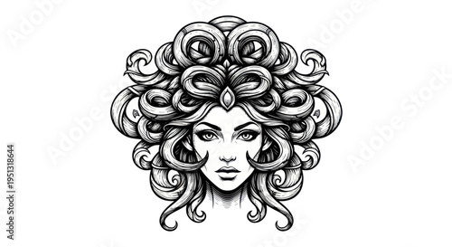 Mythical Woman Portrait Drawing, Elaborate Hairstyle, Mysterious Gaze, Black and White Sketch