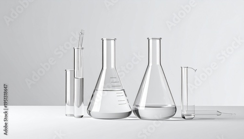 Various laboratory glassware containing clear liquid on a white surface with a gray background