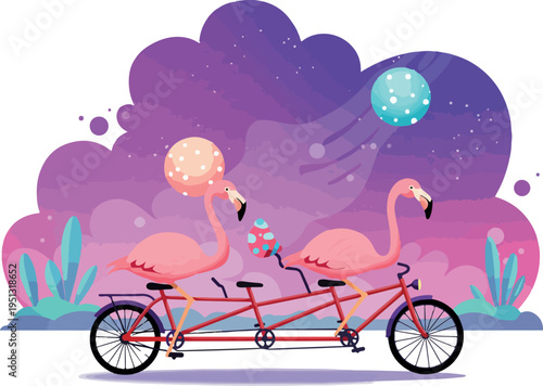 Pixel Art Pink Flamingos Ride Tandem Bike Under Starry Night Sky