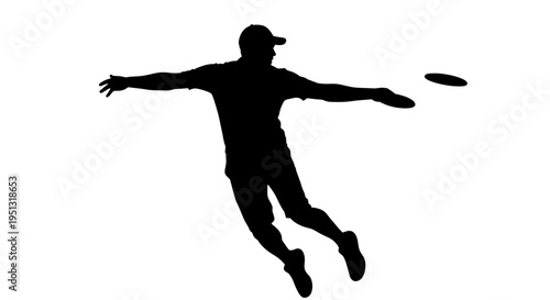 Silhouette of a man throwing a frisbee, dynamic action shot isolated on white