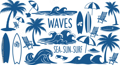Beach and surfing illustrations with tropical elements and text