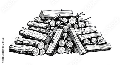 Pile of Hand-Drawn Firewood Stacked for Winter Fuel, Rustic Illustration