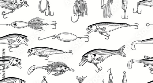 Vintage Fishing Lures and Baits Seamless Pattern - Hand Drawn Sketch Illustration