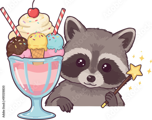 Pixel Art Raccoon Holding Magic Wand Near Ice Cream Sundae