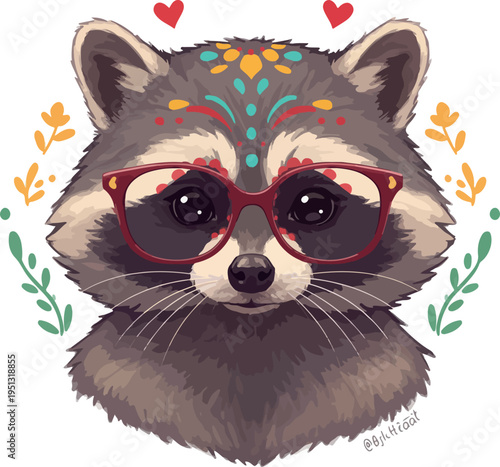 Pixel Art Raccoon Wearing Glasses Decorated with Flowers Isolated Minimalist