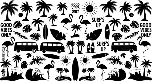 Tropical vacation surf and beach symbols with good vibes surfboards palm trees and flamingos
