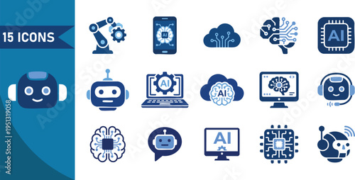Set of 15 artificial intelligence and robotics flat vector icons featuring neural networks automation hardware and digital machine learning concepts in blue