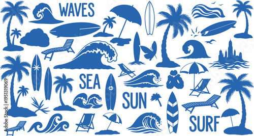 A collection of beach icons and symbols in blue on a white background featuring waves palm trees and surfboards