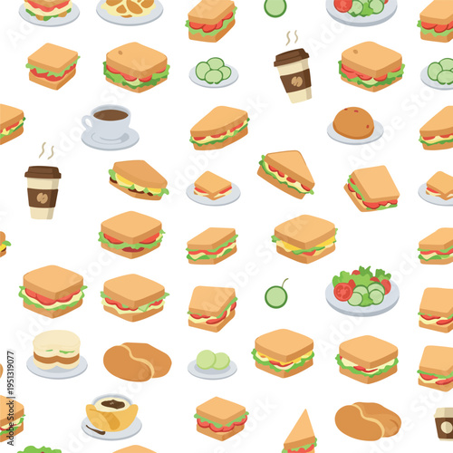 Pixel Art Sandwich Pattern Isometric Food Icons Coffee and Salad Elements