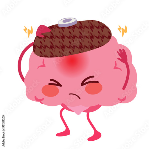 Cartoon vector illustration of a suffering brain mascot with a headache wearing a cold ice bag on the head representing migraine relief, stress and neurological pain treatment