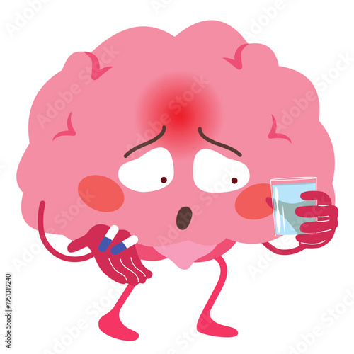 Cartoon vector illustration of a suffering brain mascot taking two pills and holding a glass of water representing medication, treatment and headache relief