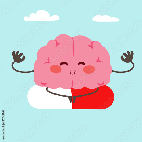 Cartoon vector illustration of a brain mascot meditating peacefully on a pill on a cloud sky background representing migraine treatment, healing and mental calm