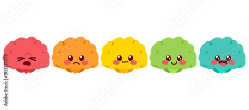 Cartoon vector illustration of a brain mascot next to a color energy meter scale representing mental energy levels, productivity and wellbeing monitoring