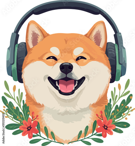 Pixel Art Shiba Inu Dog Wearing Headphones and Flowers