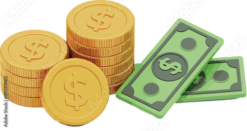 Stacked gold dollar coins and green cash banknotes illustration representing financial growth, savings, investment concept, wealth accumulation, business profit, economy, and money management success