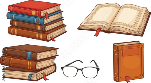 Stack of vintage books, open book, closed hardcover, and reading glasses isolated vector illustration set representing education, literature, knowledge, study, and academic learning concept