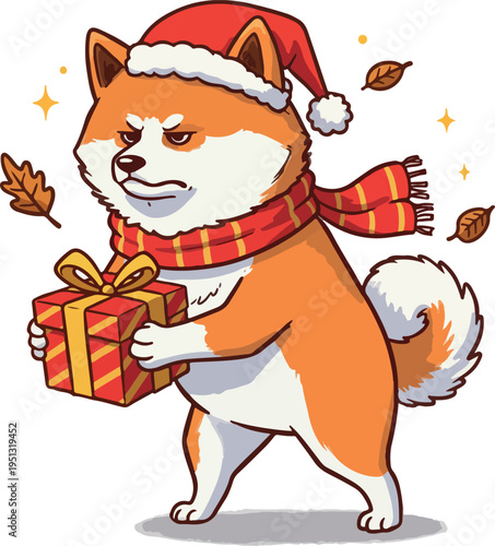 Pixel Art Shiba Inu Dog Wearing Santa Hat and Scarf Holding Gift