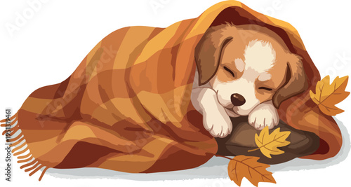 Pixel Art Sleeping Puppy Wrapped in Orange Plaid Blanket Autumn Leaves