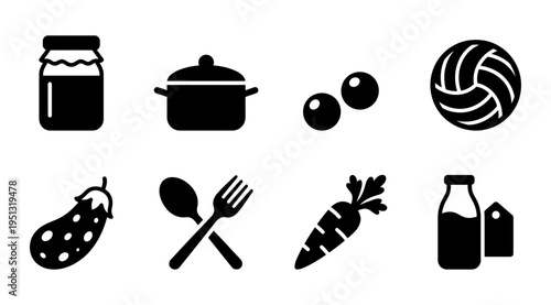a collection of black food icons on a white background, including a jar, pot, fruit, vegetable, utensils, and drink, useful for design, infographics, or advertising