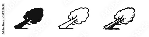 Leaning tree and wind damage icon set. Hand-drawn doodle style tree bent by storm or strong wind symbol.